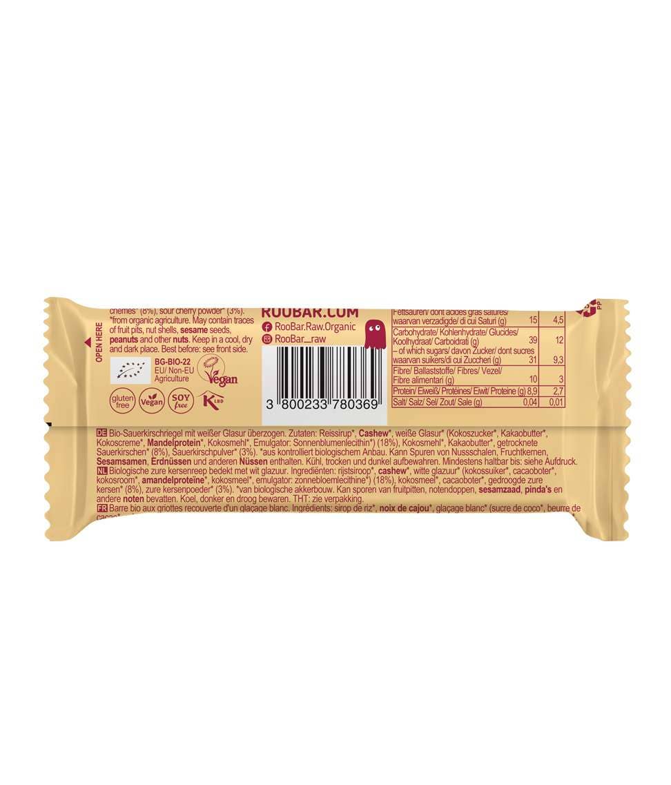 Smart Organic | Økologisk Fruktbar, Sur Kirsebær med Hvitt Sjokoladetrekk, Roobar - 30g