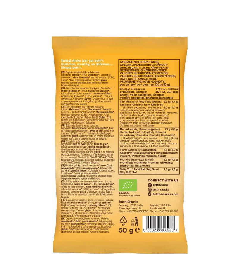 Smart Organic | Økologiske havresticks med gurkemeie og surdeig – Bett’r, 50 g