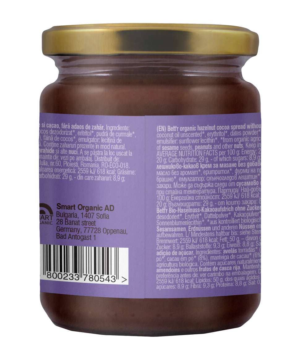 Smart Organic | Økologisk Sjokoladepålegg med Hasselnøtt, uten tilsatt sukker, Bett’r – 250 g