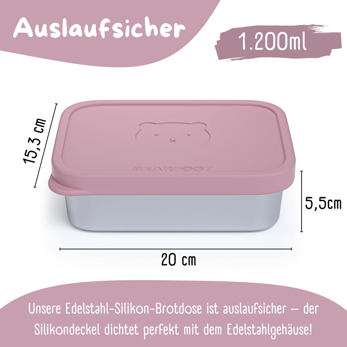bearfoot | Matboks i Rustfritt Stål og Silikon (Bentoboks) | Rosa, 1200ml