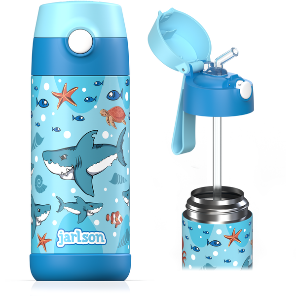 Jarlson | Drikkeflaske for Barn, Charli - Plastfri i Matkontakt, 350ml | "Sharks"