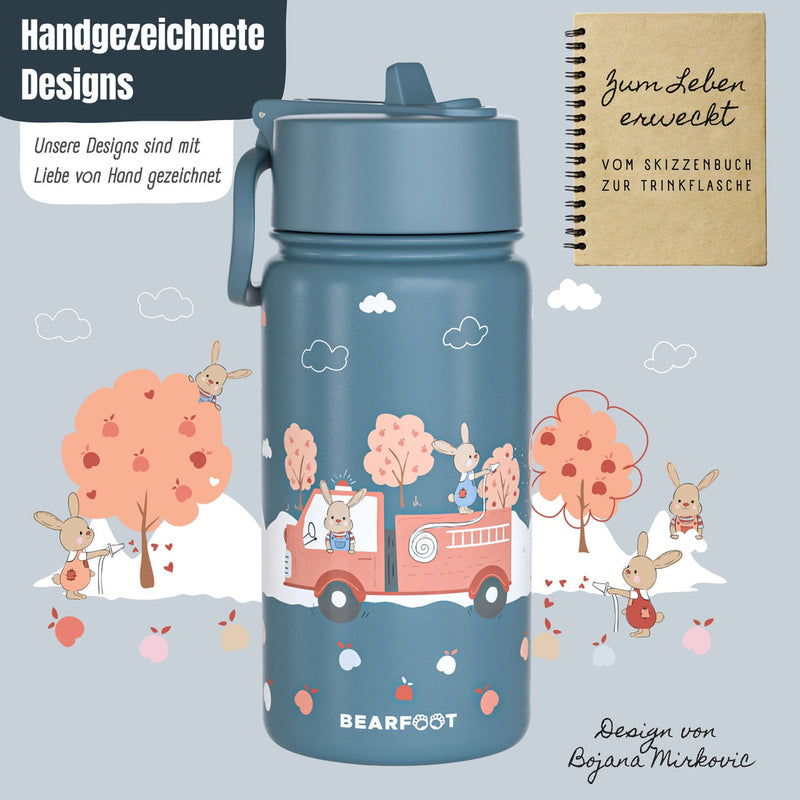 BEARFOOT | Drikkeflaske i Rustfritt Stål, Lokk og Drikketut i PP, 400ml | Brannbil