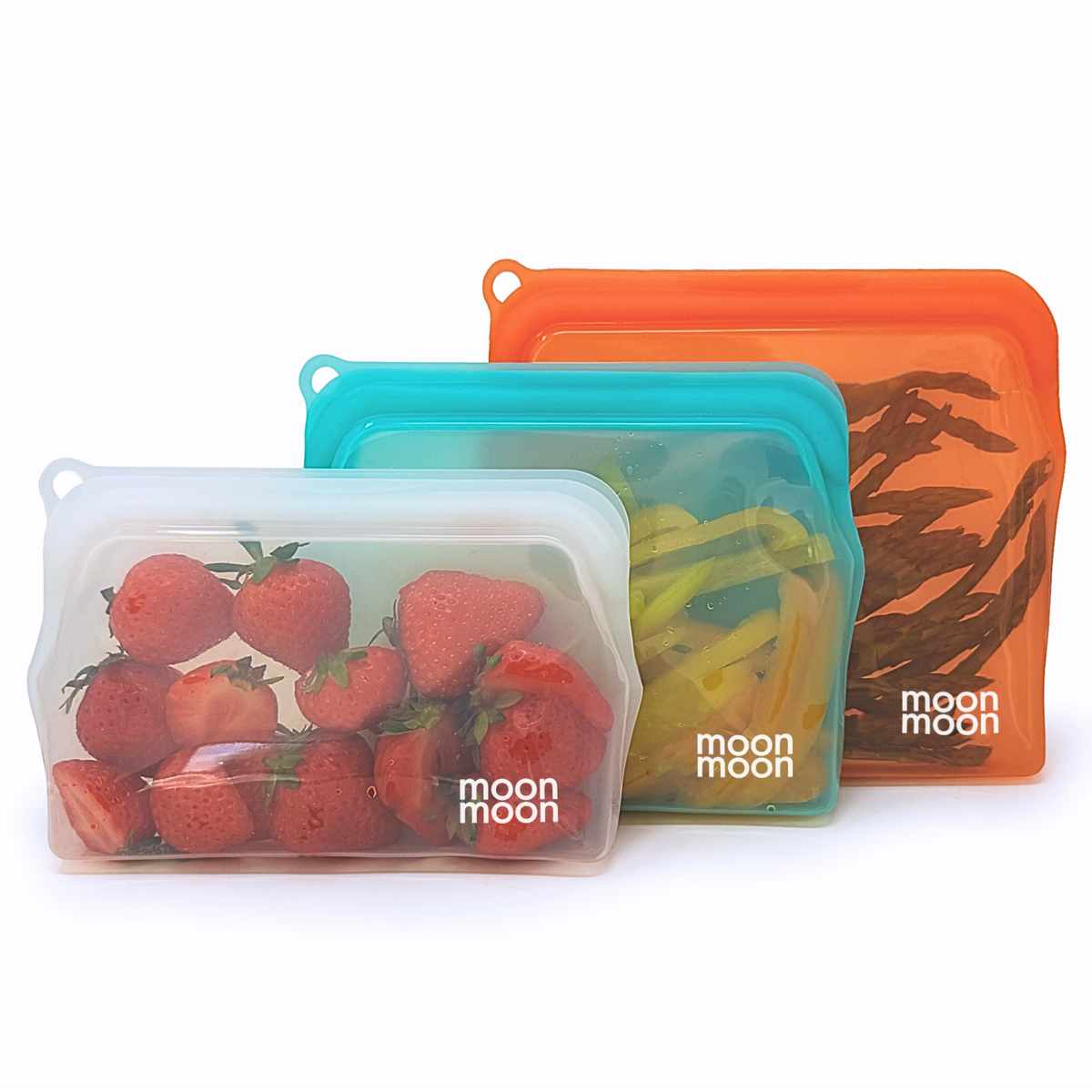 moonmoon | Silikonposer til Oppbevaring, Matlaging m.m. - Plastfri | 3 stk á 330, 470, 900 ml (Flerfarget)