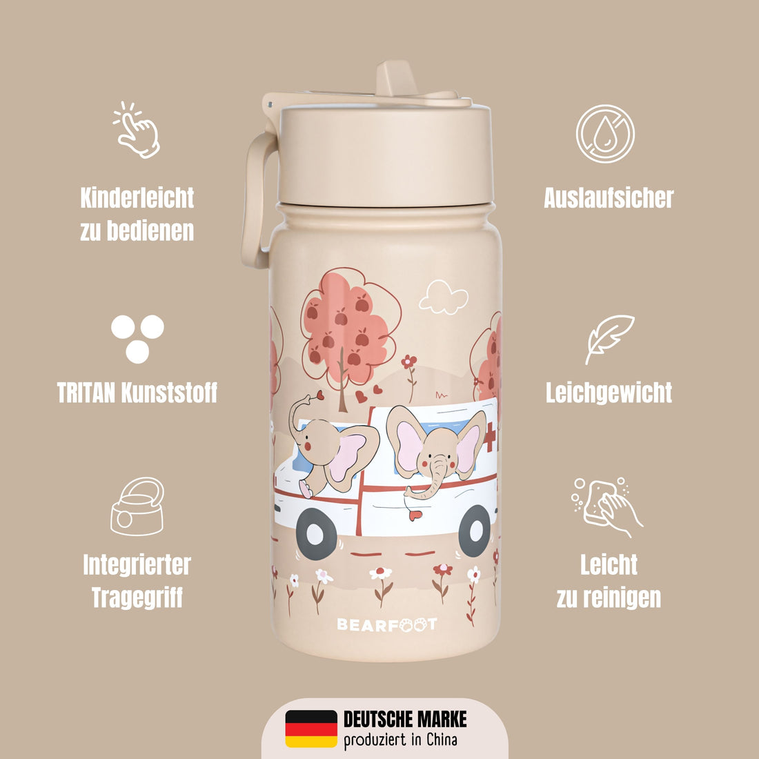 BEARFOOT | Drikkeflaske i Rustfritt Stål, Lokk og Drikketut i PP, 400ml | Ambulanse