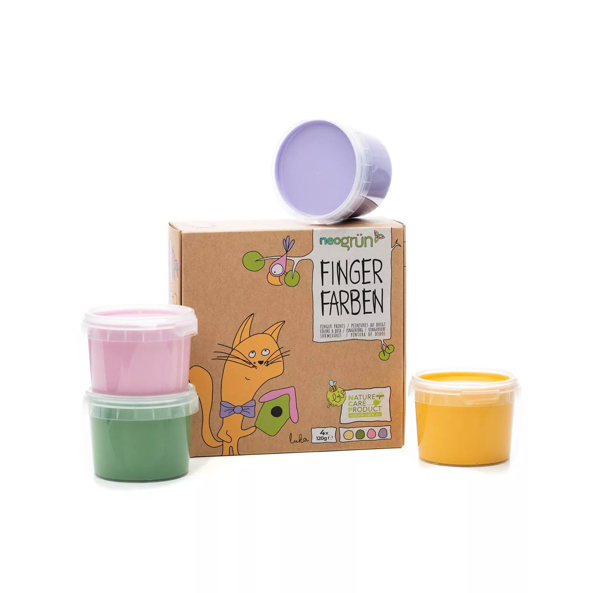 neoGRÜN | Fingermaling, Økologisk og Vegansk, Sett "Luka" | Gul, Grønn, Rosa, Lilla
