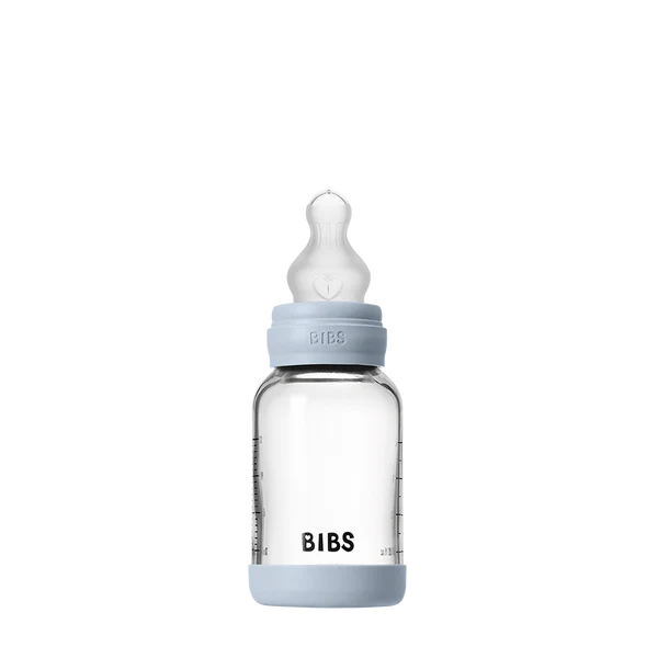 BIBS | Glasståteflaske, 120ml, LFGB-sertifisert Silikon | Baby Blue