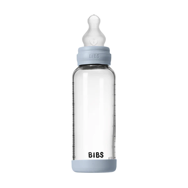 BIBS | Glasståteflaske, 240ml, LFGB-sertifisert Silikon | Baby Blue