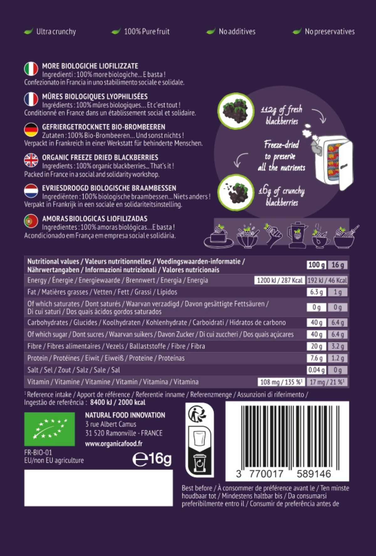 Organica | Økologiske Bjørnebær, Frysetørret, 100% Ren Frukt | 16g ~ 120g