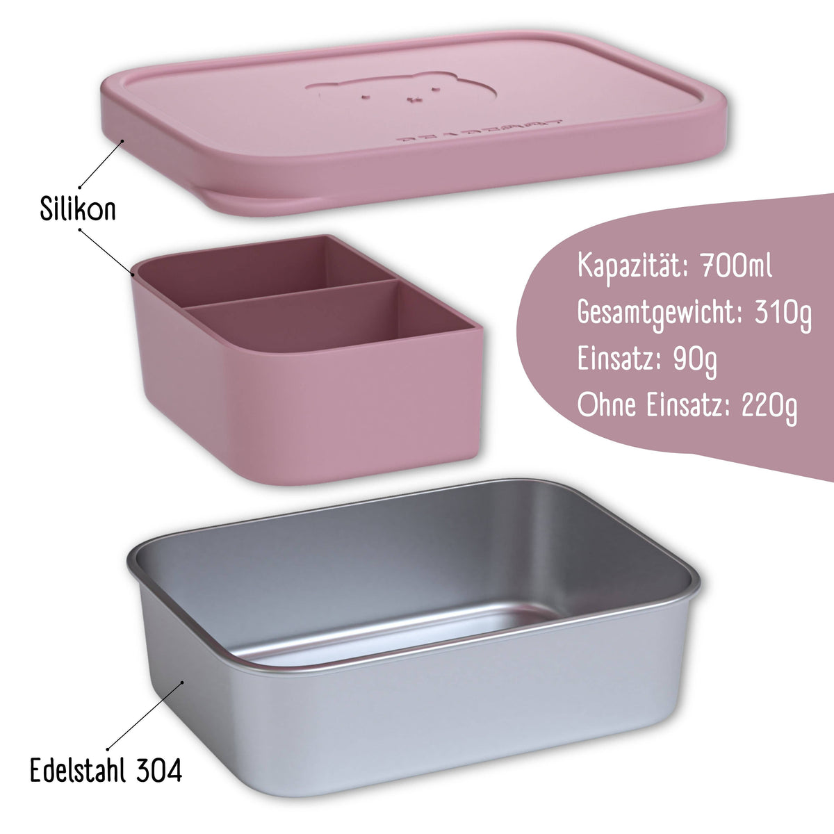 bearfoot | Matboks i Rustfritt Stål og Silikon (Bentoboks) | Rosa, 1200ml