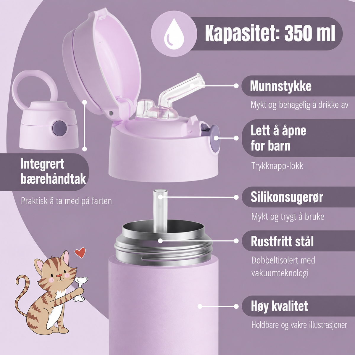 Bearfoot | Drikkeflaske i Rustfritt Stål, Isolert, 350 ml - Plastfri i Matkontakt | Lilla