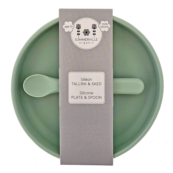 Summerville Organic | Silikontallerken med silikonskje, LFGB-sertifisert | Cameo Green