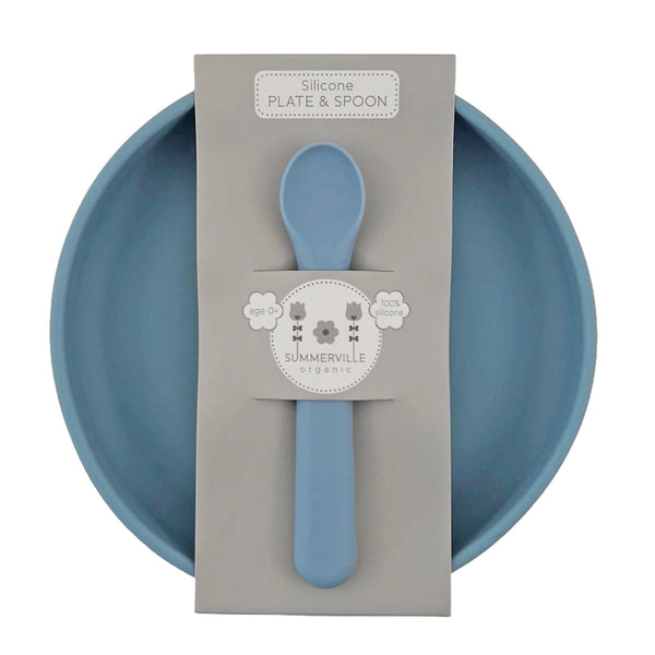 Summerville Organic | Silikontallerken med silikonskje, LFGB-sertifisert | Stone Blue