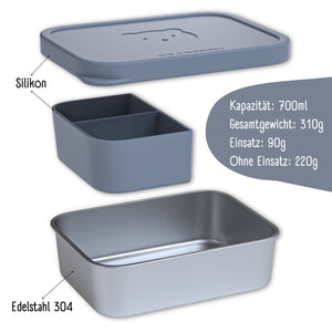 bearfoot | Matboks i rustfritt stål, med lokk og inndeling i silikon (bentoboks) | Blågrå, 1200ml
