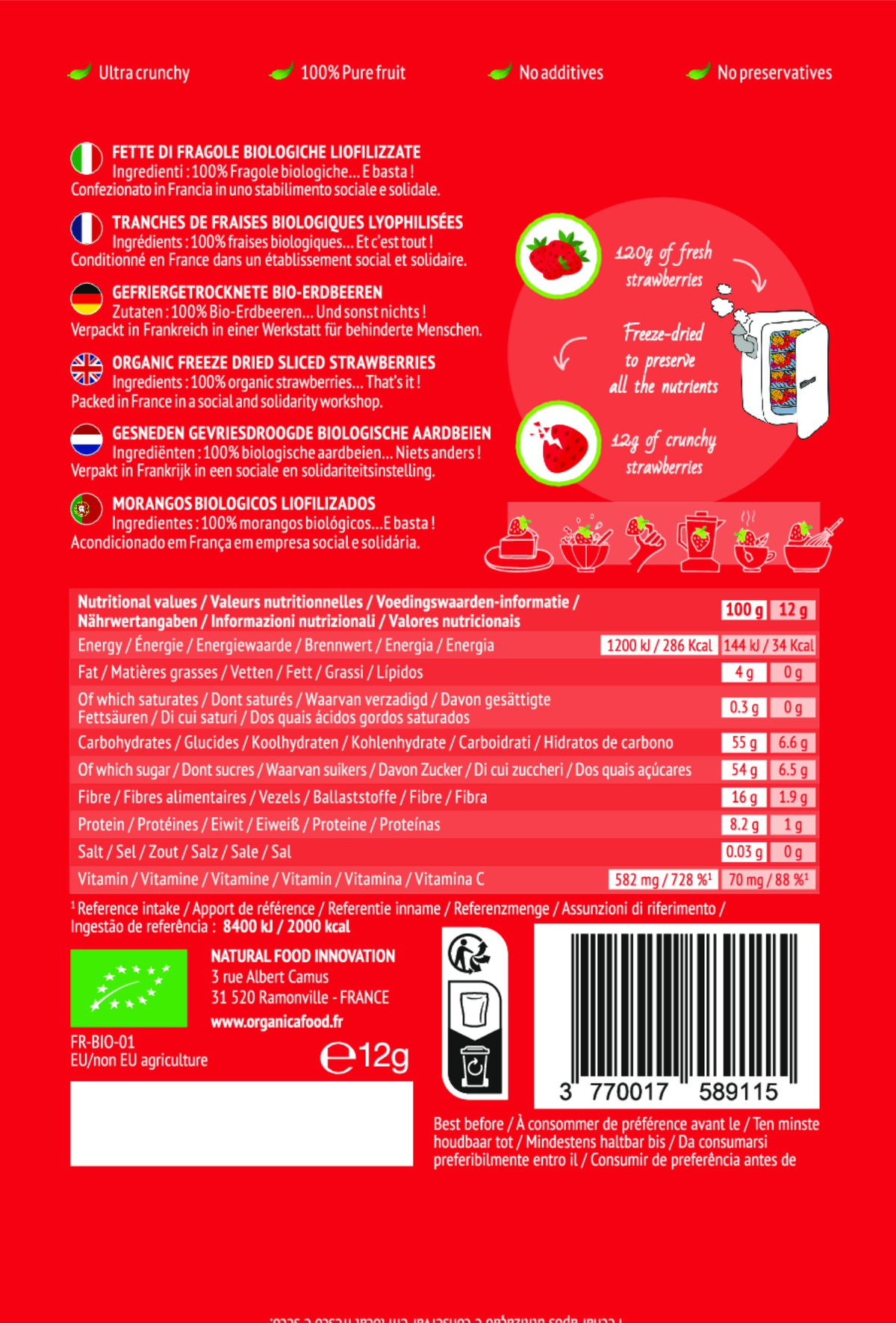 Organica | Økologiske Jordbær, Frysetørret, 100% Ren Frukt | 12g ~ 120g