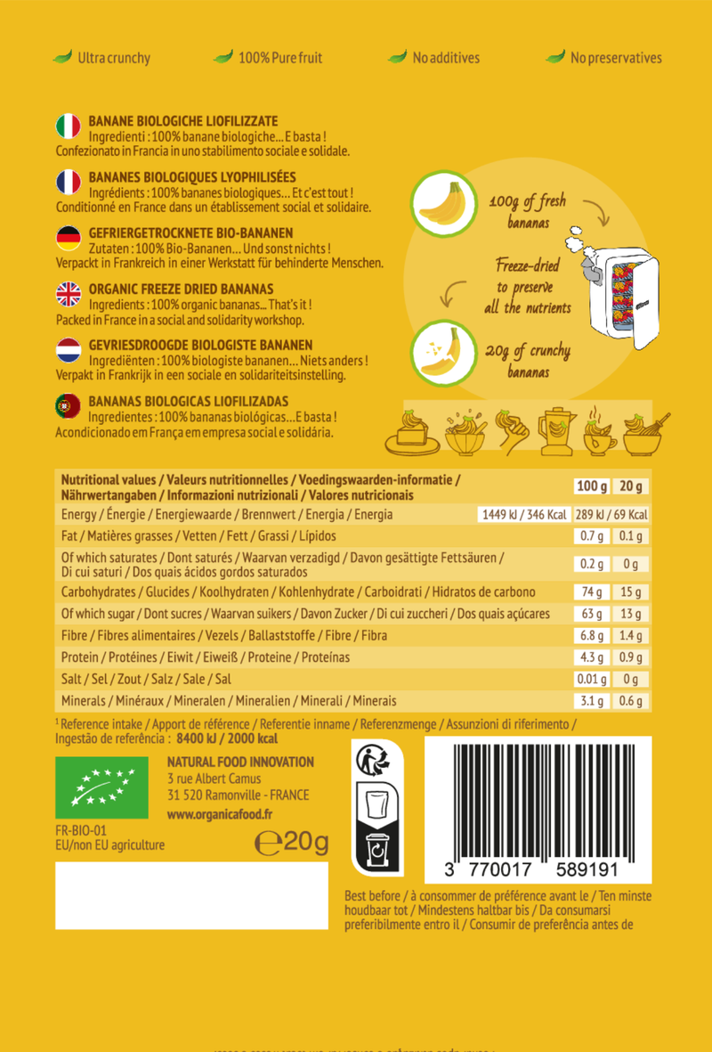 Organica | Økologisk Banan, Frysetørret, 100% Ren Frukt | 20g ~ 100g