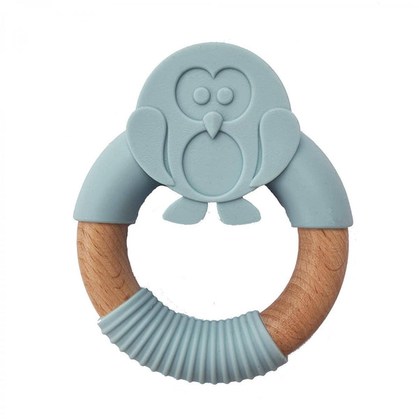 Silicone Wood Baby Teether Penquin Pastel Blue