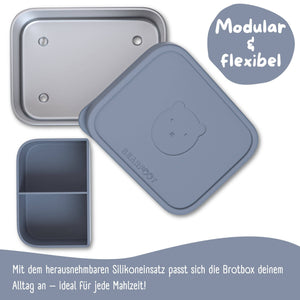 bearfoot | Matboks i rustfritt stål, med lokk og inndeling i silikon (bentoboks) | Blågrå, 1200ml