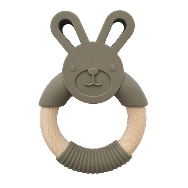 Silicone Wood Baby Teether Rabbit Dark Green