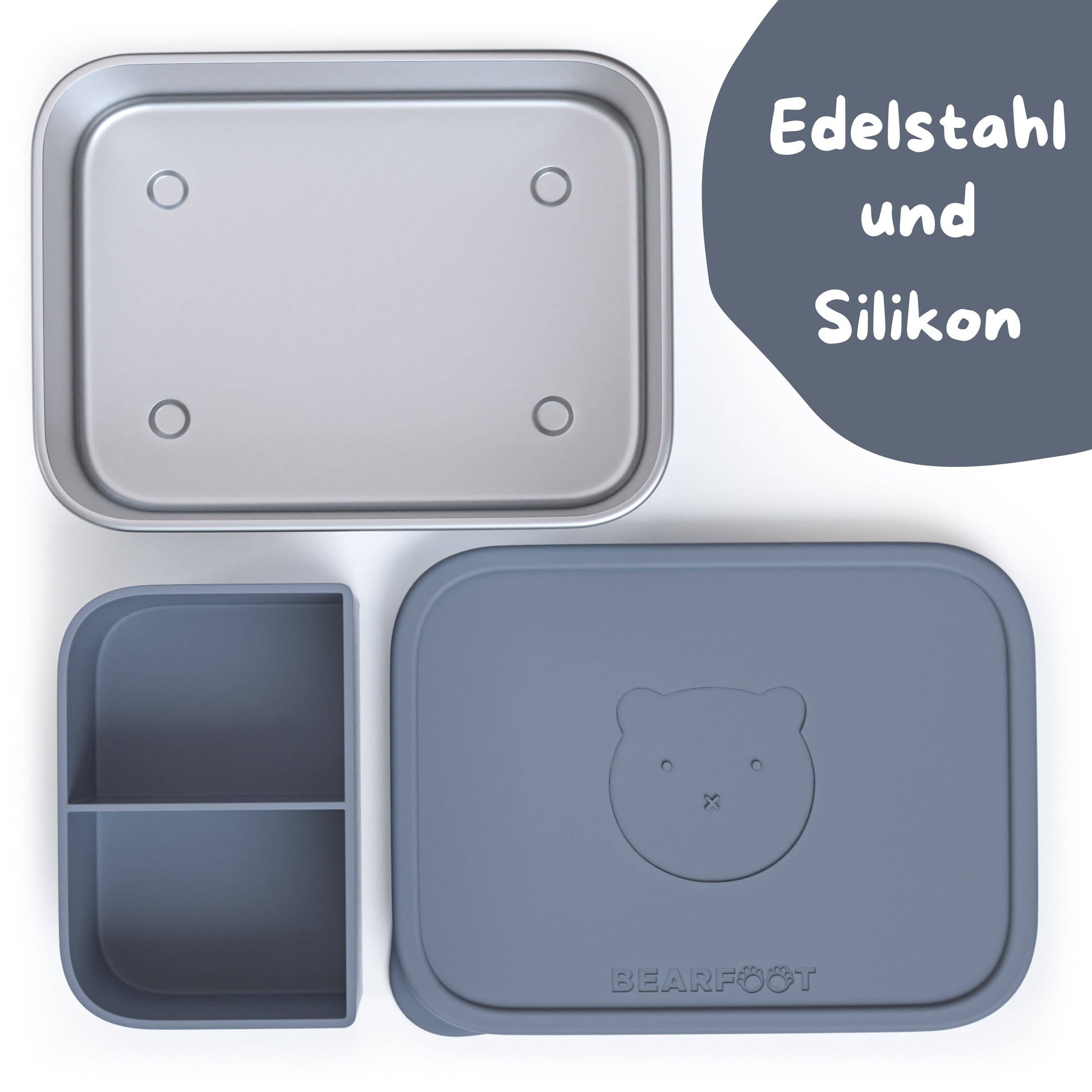 bearfoot | Matboks i rustfritt stål, med lokk og inndeling i silikon (bentoboks) | Blågrå, 1200ml