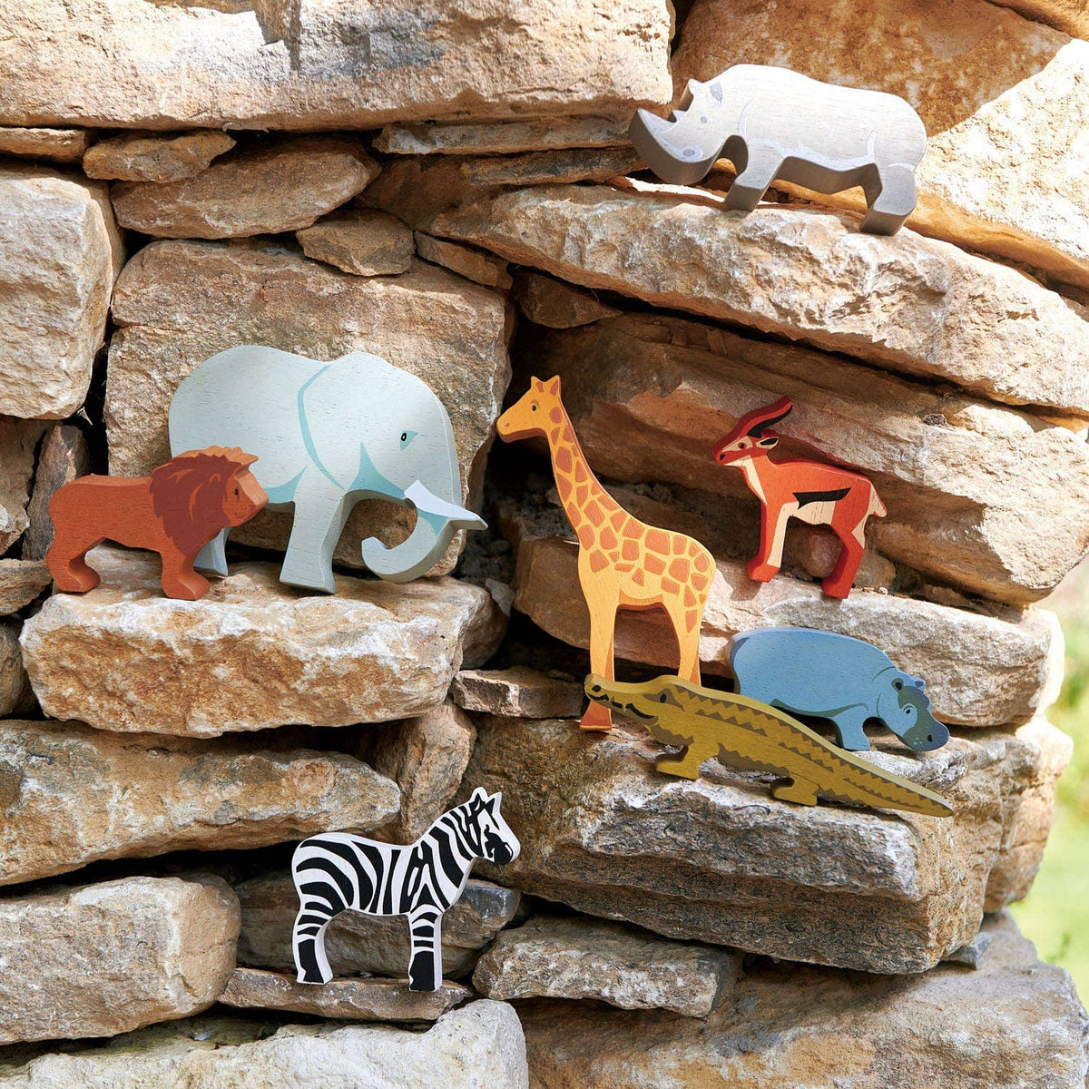 Tender Leaf | Dyrene På Savannen, 8 Dyr med Hylle, "8 Safari Animals & Shelf" - Plastfri