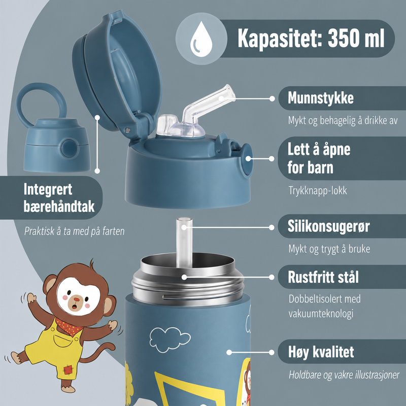 Bearfoot | Drikkeflaske i Rustfritt Stål, Isolert, 350 ml - Plastfri i Matkontakt | Blå, Apekatt i Gravemaskin