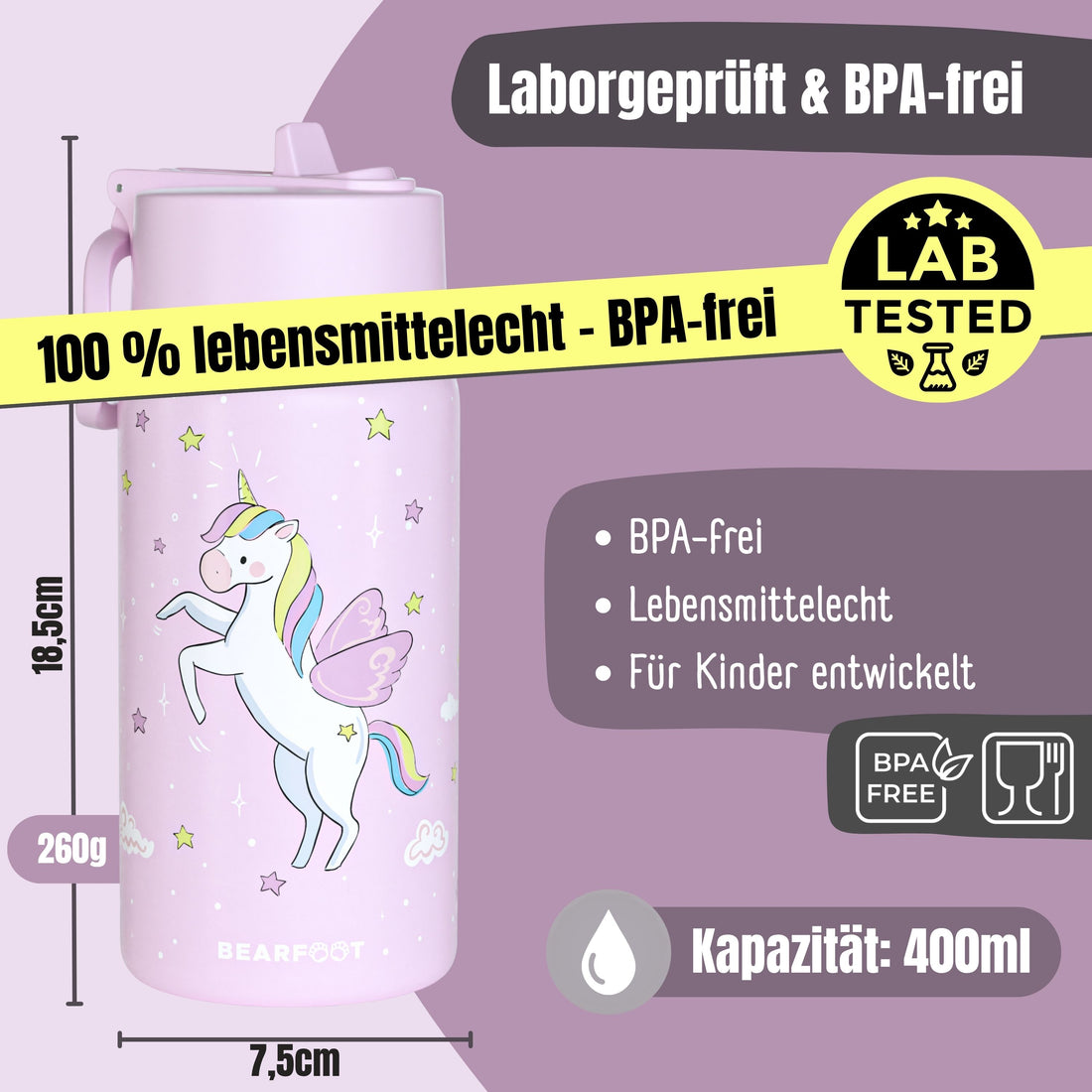 BEARFOOT | Drikkeflaske i Rustfritt Stål, Lokk og Drikketut i PP, 400ml | Enhjørning