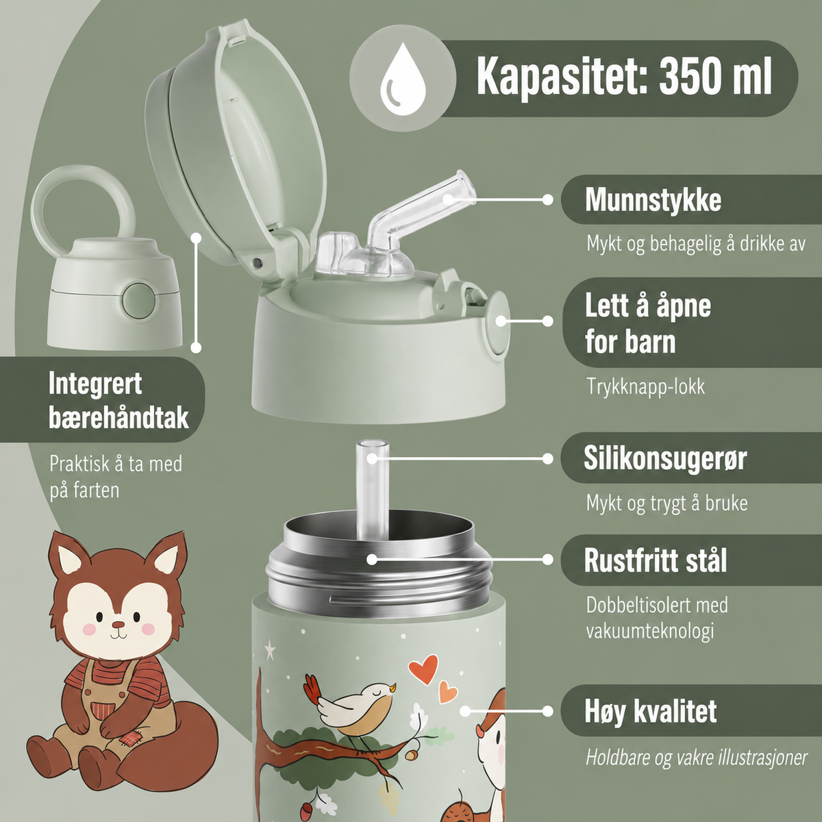 Bearfoot | Drikkeflaske i Rustfritt Stål, Isolert, 350 ml - Plastfri i Matkontakt | Grønn, Ekorn