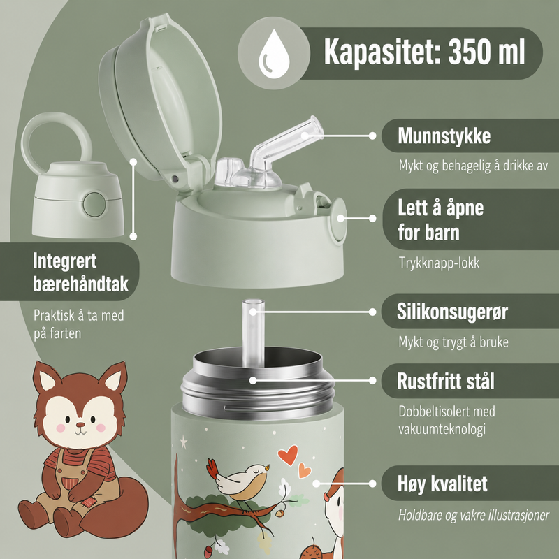 Bearfoot | Drikkeflaske i Rustfritt Stål, Isolert, 350 ml - Plastfri i Matkontakt | Grønn, Ekorn