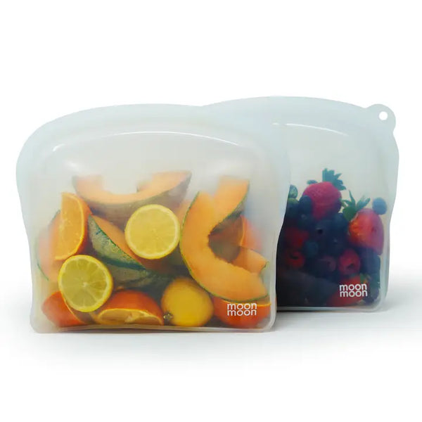 moonmoon | Silikonposer til matoppbevaring, gjenbrukbare | 2 pk/2000ml/Curve/Klar