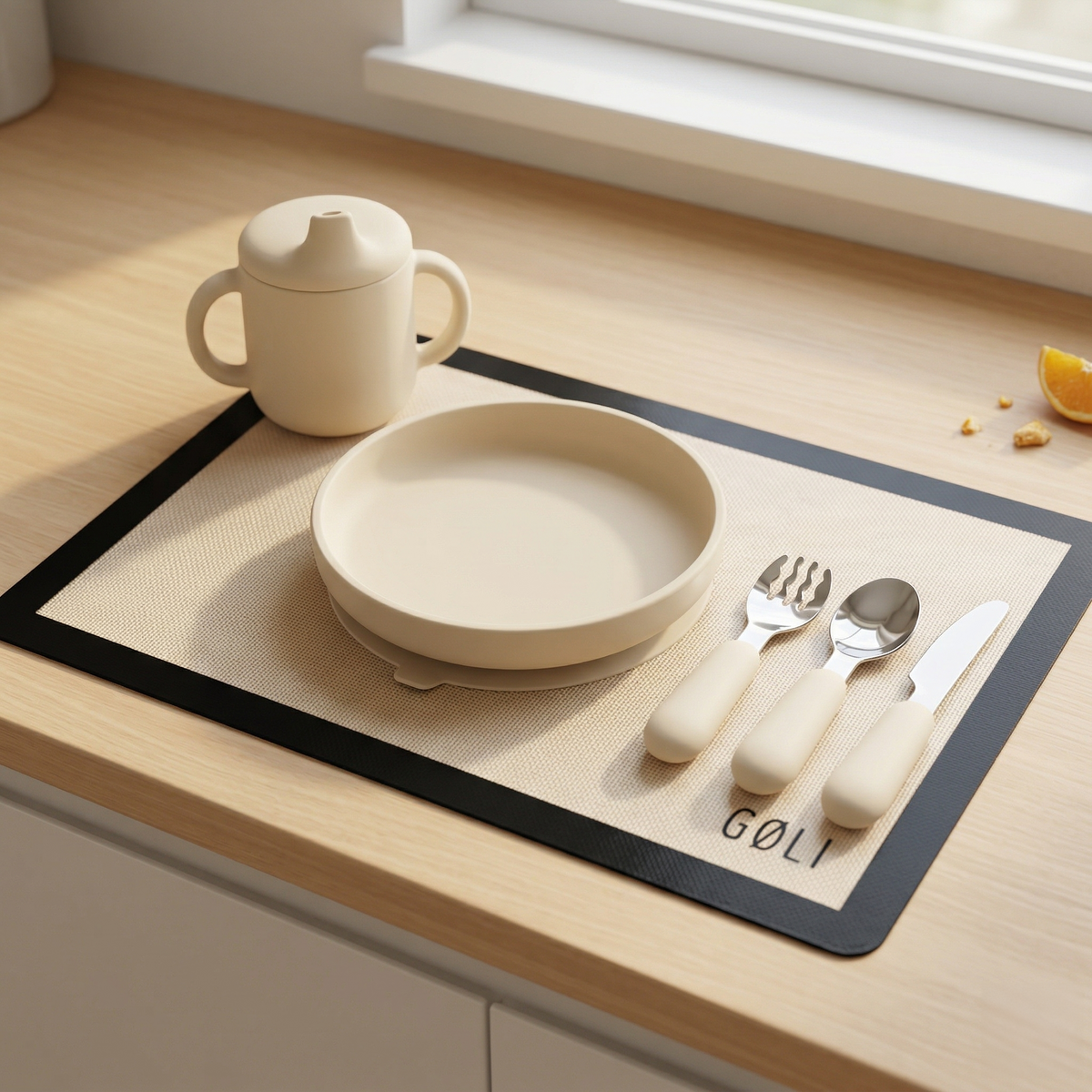piips | Bestikksett i Rustfritt Stål og Silikon, for Baby og Barn, 3 deler | Beige