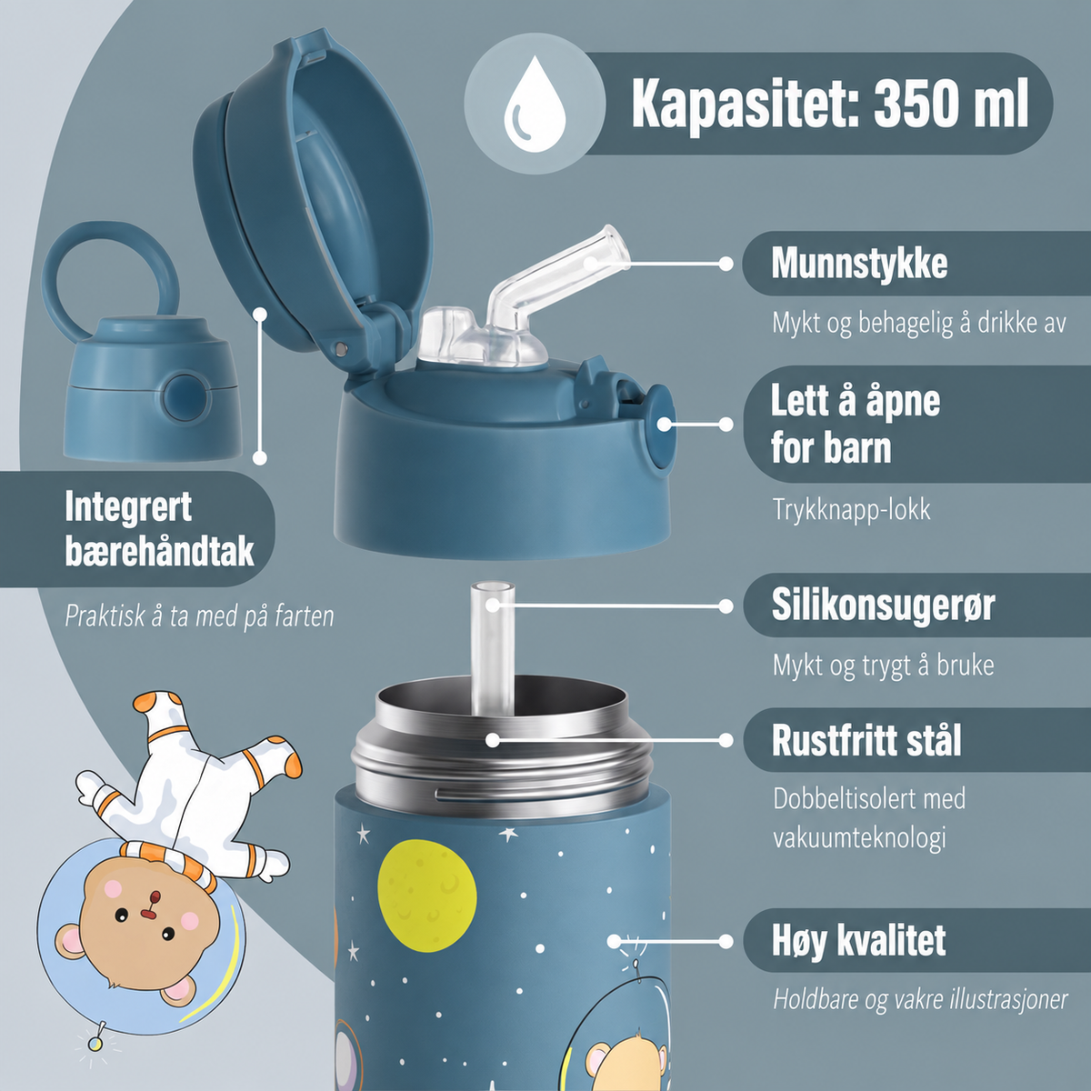 Bearfoot | Drikkeflaske i Rustfritt Stål, Isolert, 350 ml - Plastfri i Matkontakt | Blå, Astro-Bjørn