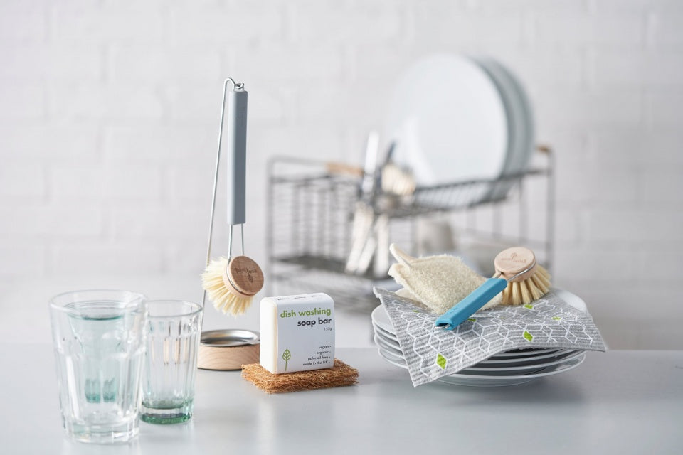 ecoLiving | Oppvaskbørste med utskiftbart børstehode, 100% plastfritt | Blå