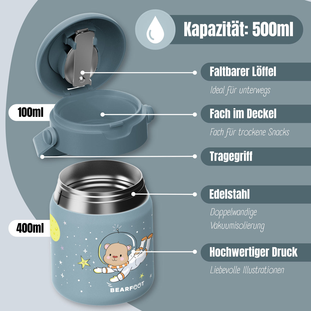 Bearfoot | Mattermos i Rustfritt Stål, 500 ml | Blå, Astrobjørn