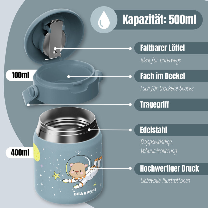 Bearfoot | Mattermos i Rustfritt Stål, 500 ml | Blå, Astrobjørn