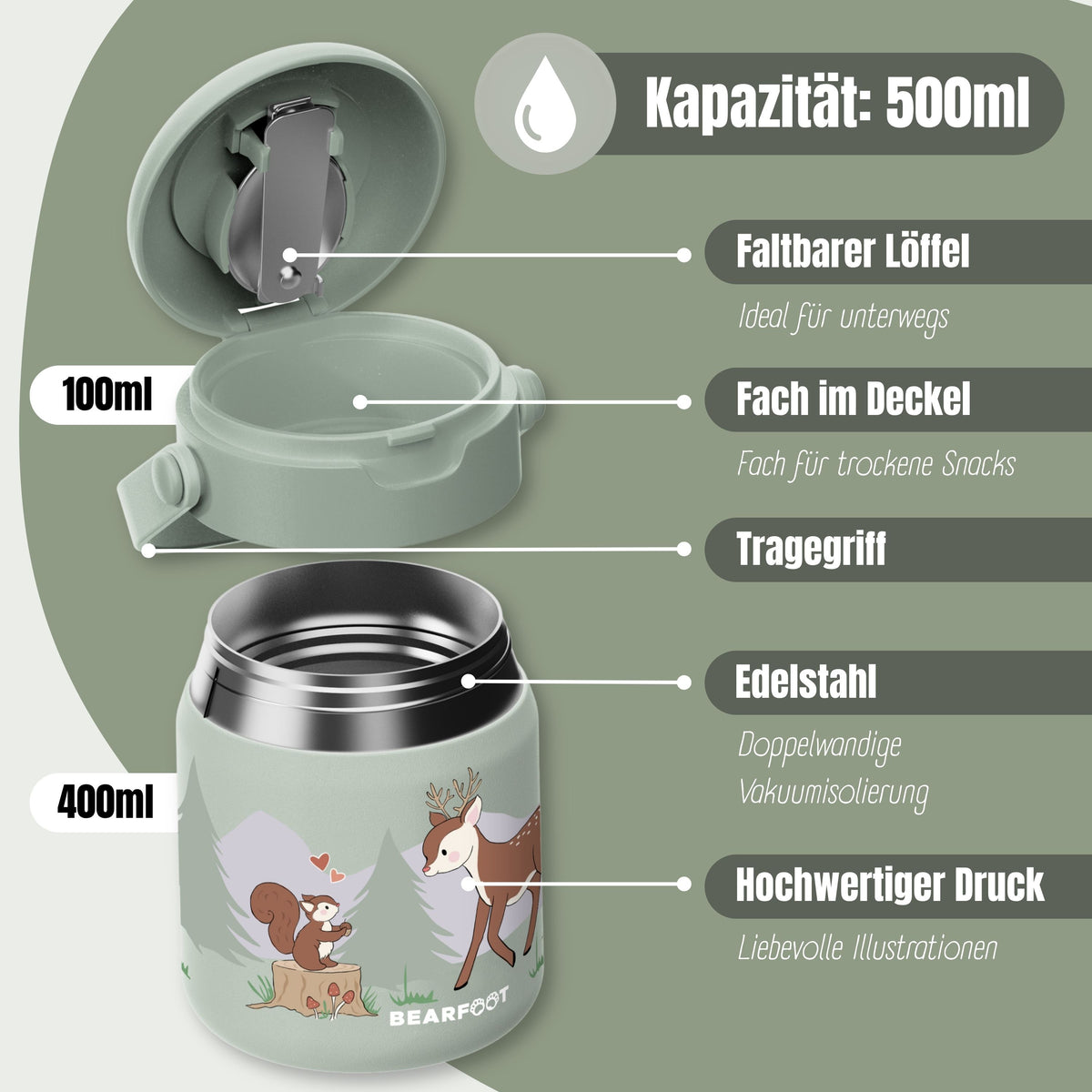 Bearfoot | Mattermos i Rustfritt Stål, 500 ml | Grønn, Hjort