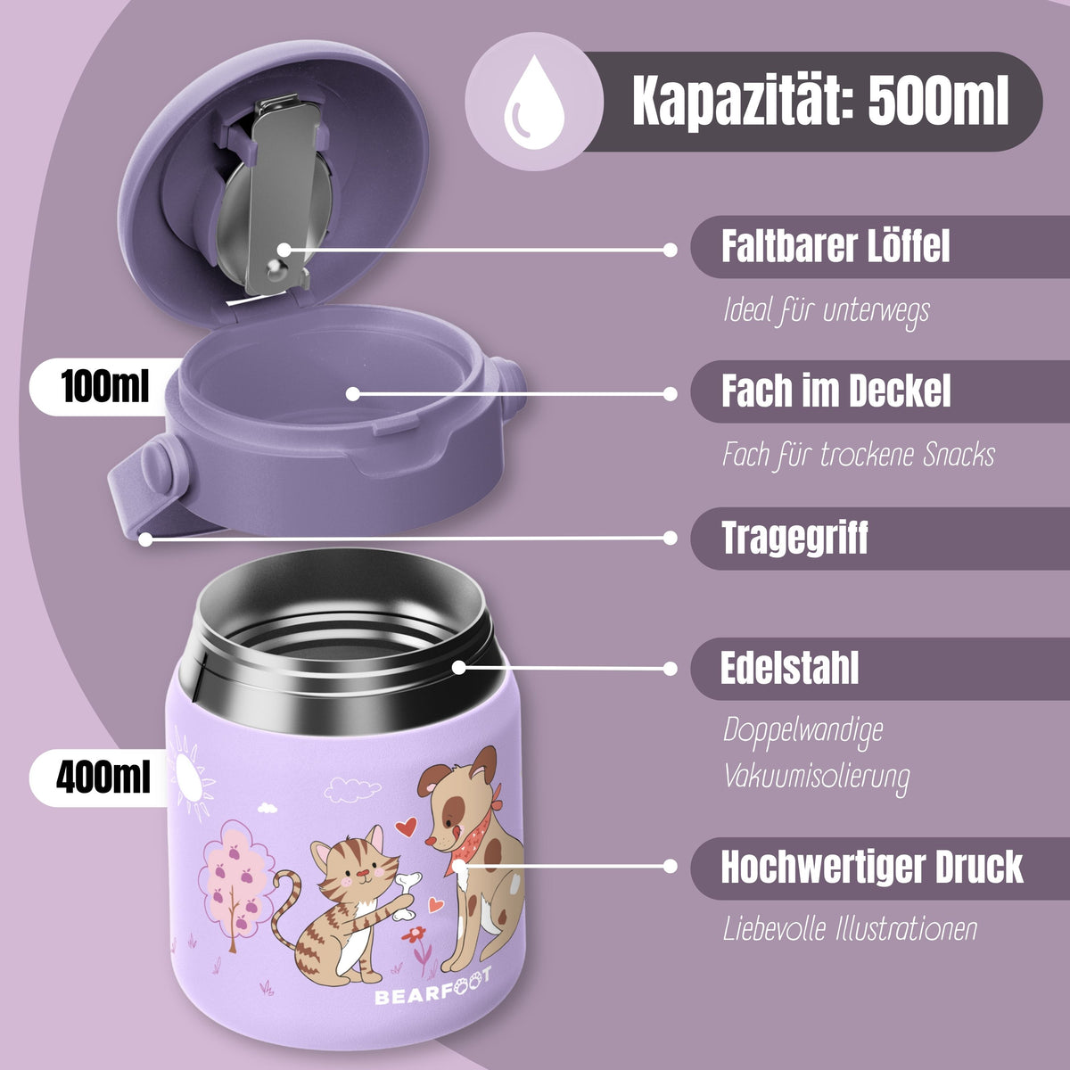 Bearfoot | Mattermos i Rustfritt Stål, 500 ml | Lilla, Hund & Katt