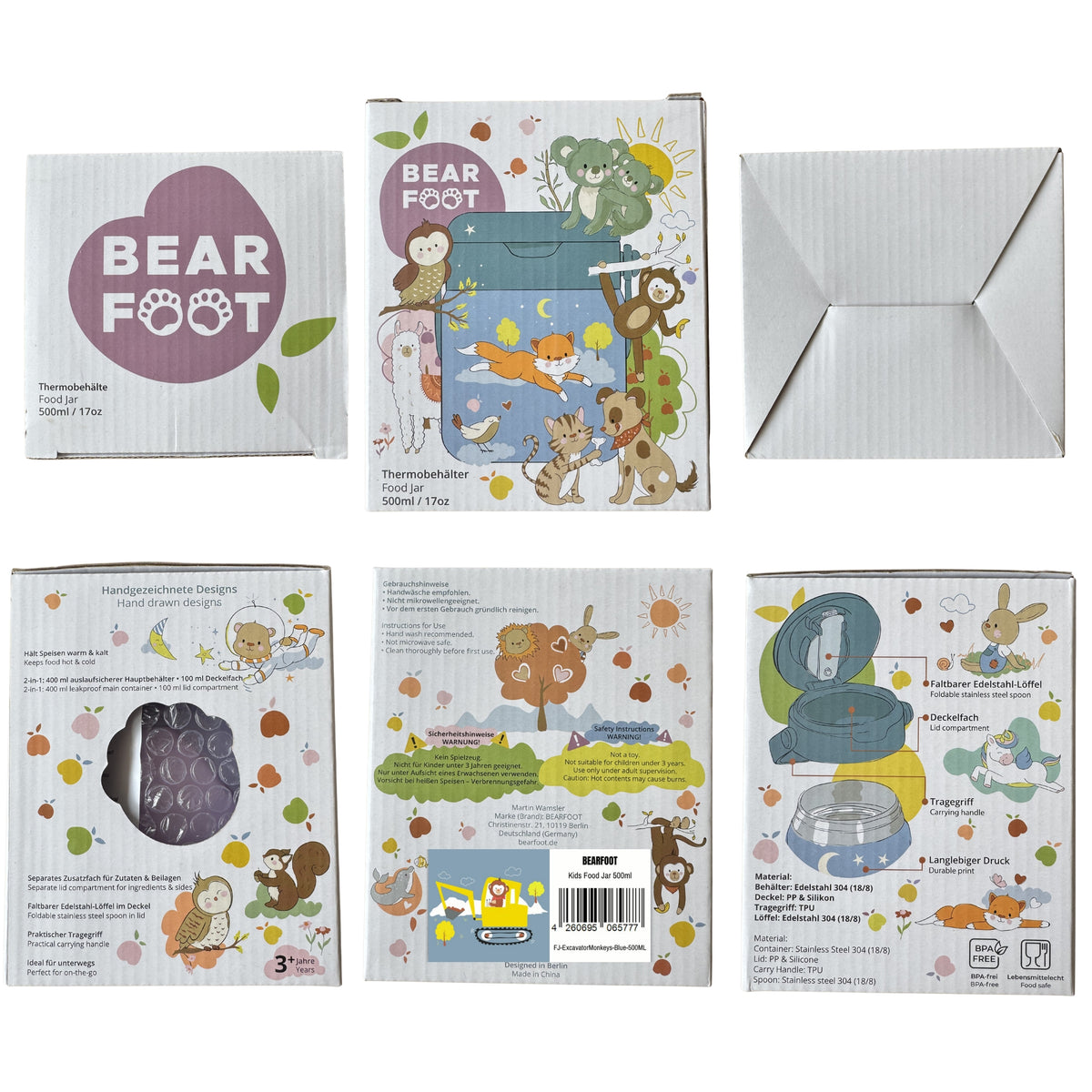 Bearfoot | Mattermos i Rustfritt Stål, 500 ml | Blå, Apekatt i Gravemaskin