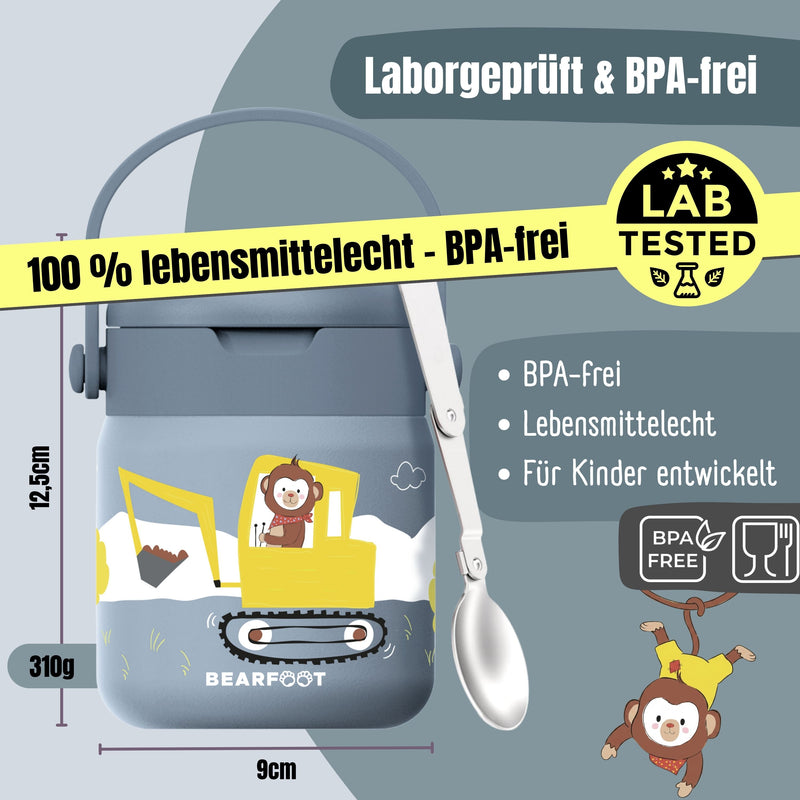 Bearfoot | Mattermos i Rustfritt Stål, 500 ml | Blå, Apekatt i Gravemaskin