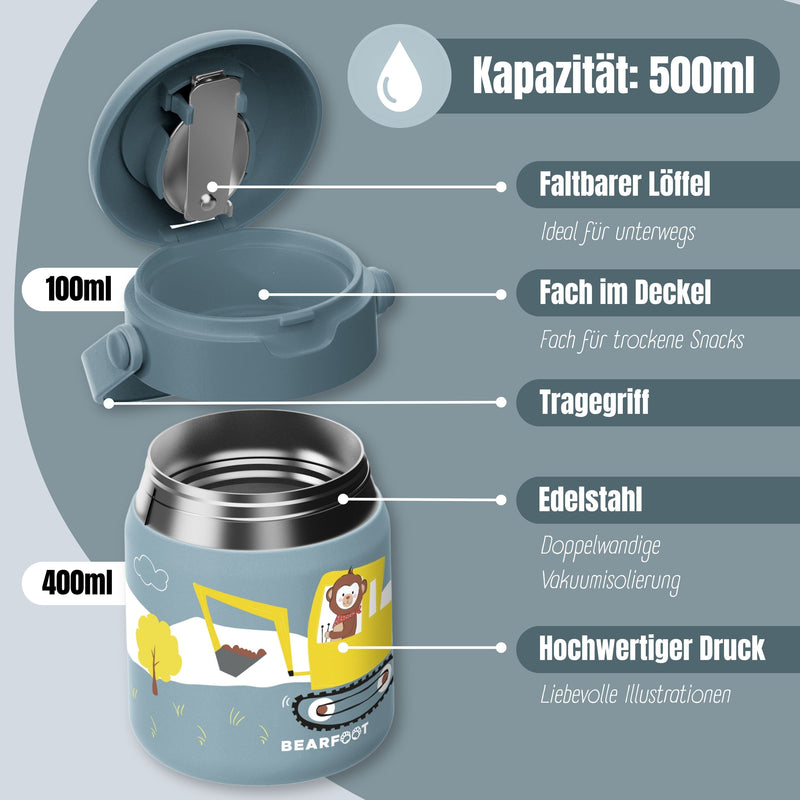 Bearfoot | Mattermos i Rustfritt Stål, 500 ml | Blå, Apekatt i Gravemaskin