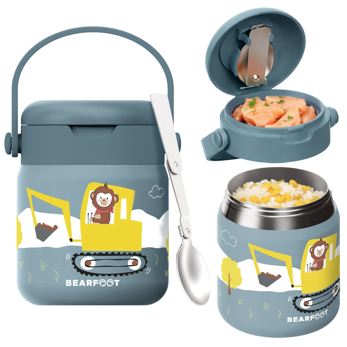 Bearfoot | Mattermos i Rustfritt Stål, 500 ml | Blå, Apekatt i Gravemaskin