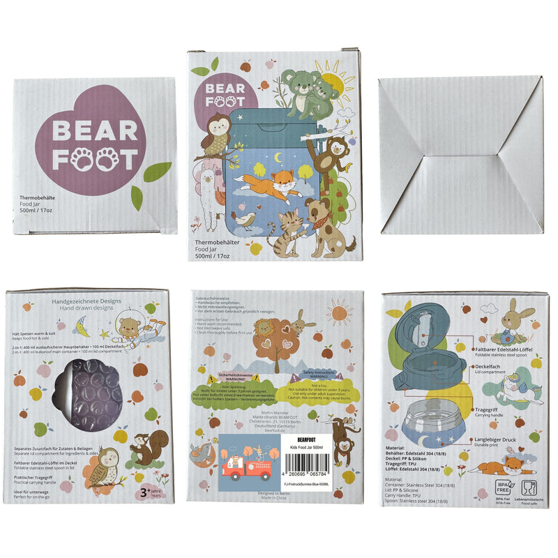 Bearfoot | Mattermos i Rustfritt Stål, 500 ml | Blå, Kaniner i Brannbil