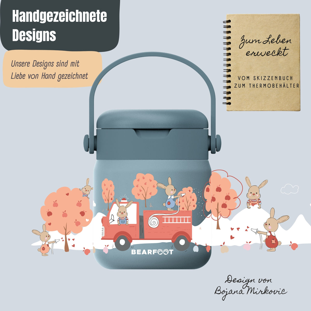 Bearfoot | Mattermos i Rustfritt Stål, 500 ml | Blå, Kaniner i Brannbil