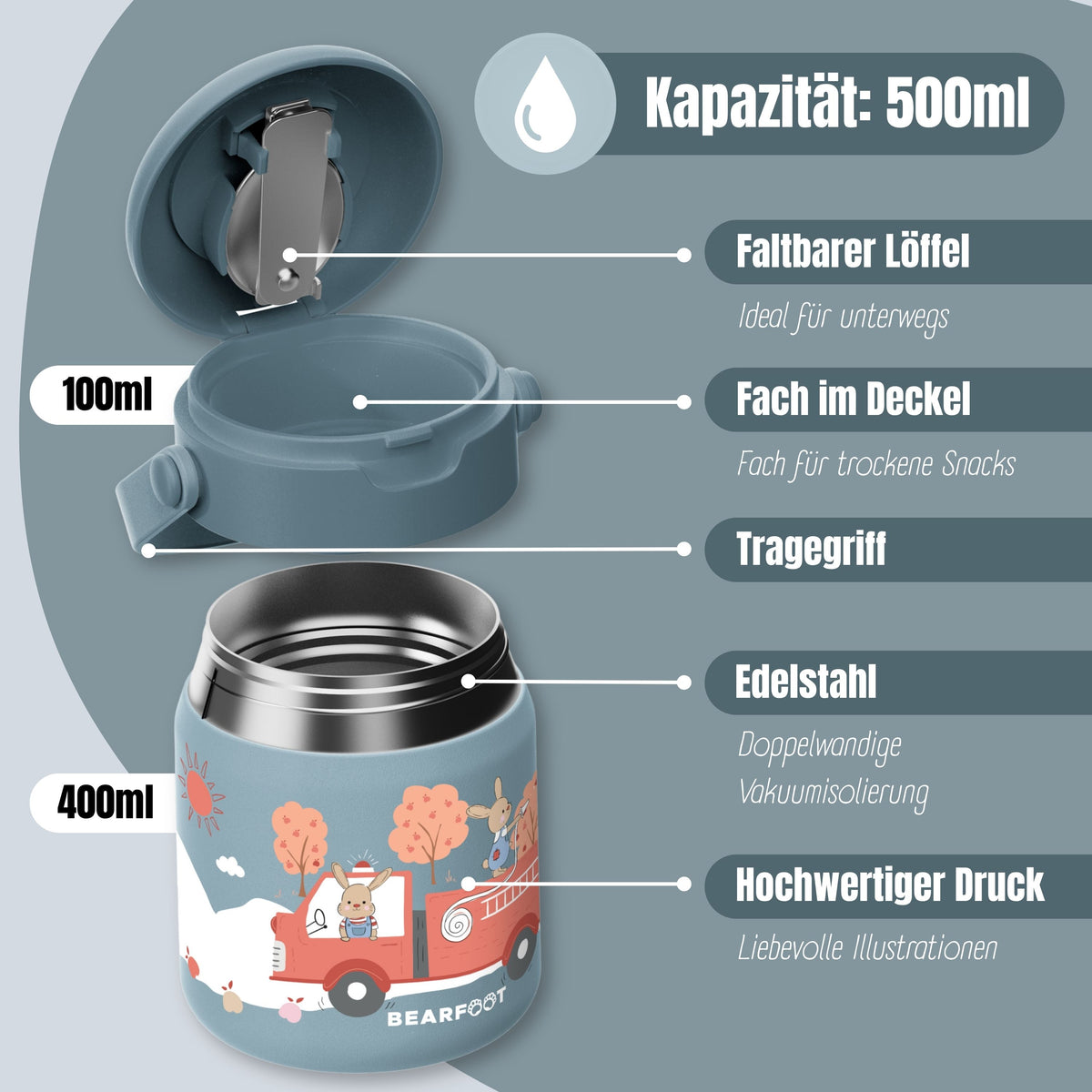 Bearfoot | Mattermos i Rustfritt Stål, 500 ml | Blå, Kaniner i Brannbil