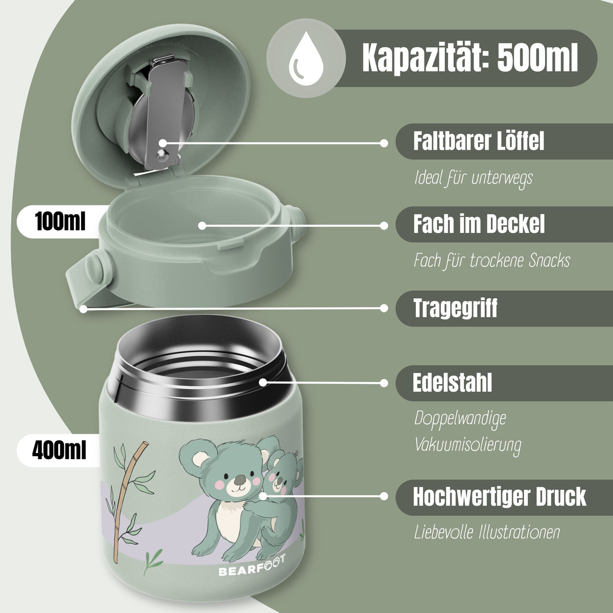 Bearfoot | Mattermos i Rustfritt Stål, 500 ml | Grønn, Koala