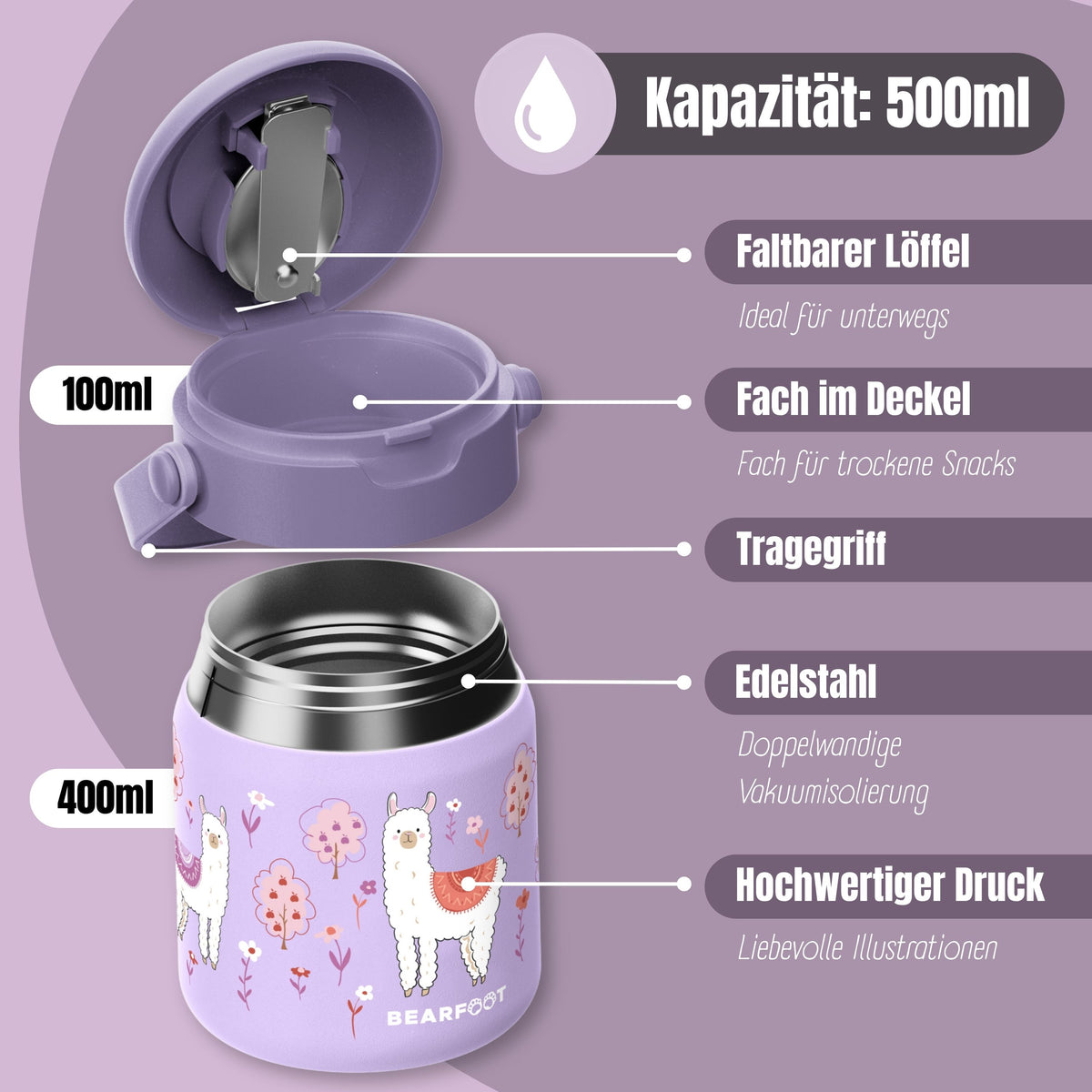Bearfoot | Mattermos i Rustfritt Stål, 500 ml | Lilla, Lama