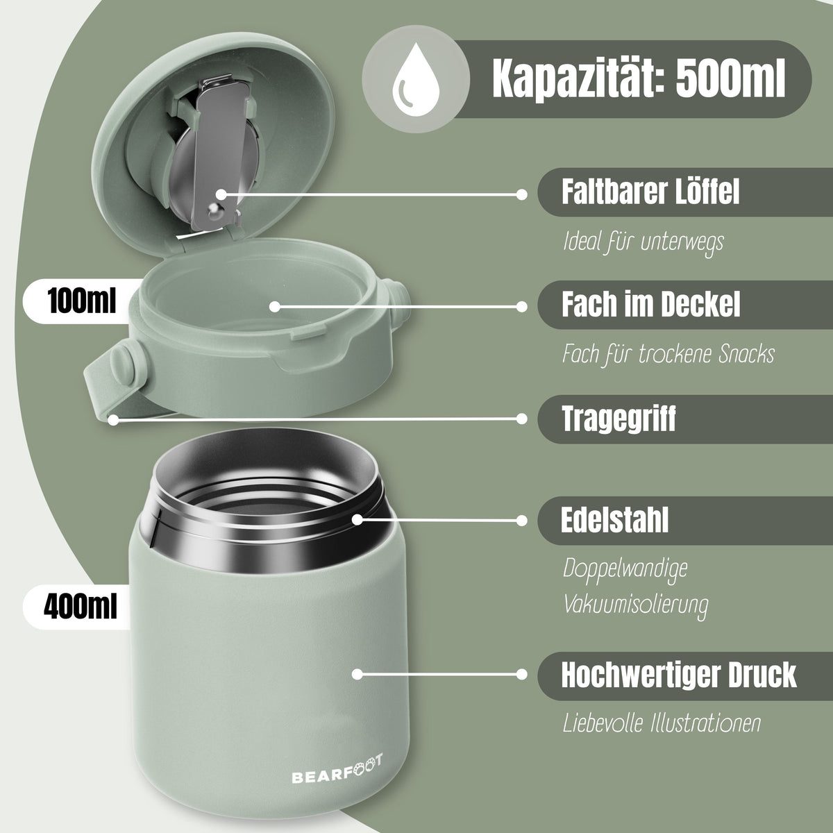 Bearfoot | Mattermos i Rustfritt Stål, 500 ml | Grønn