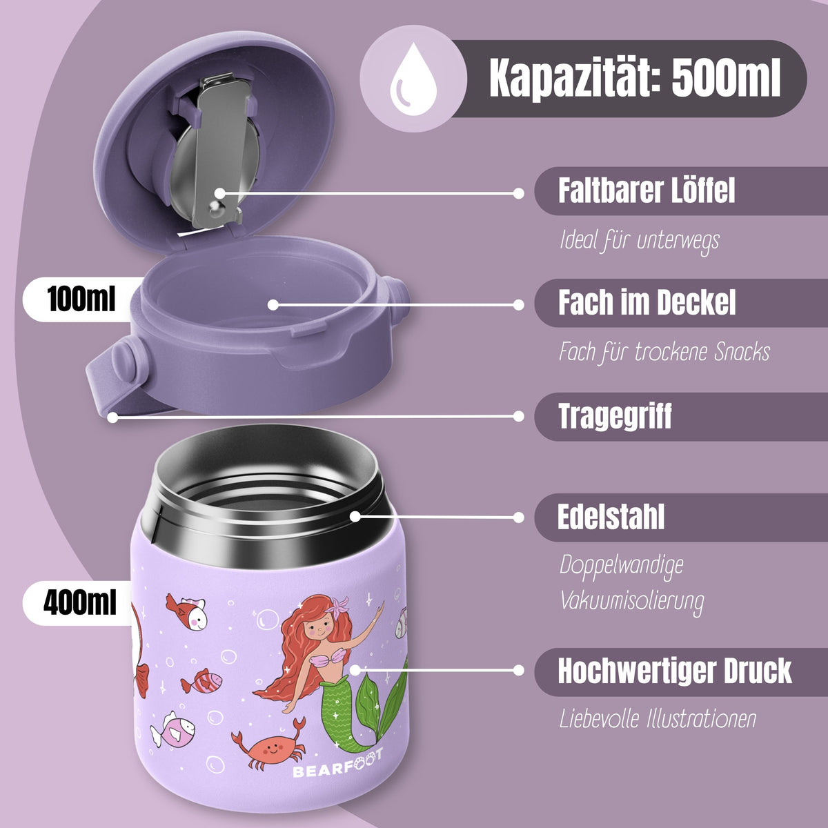Bearfoot | Mattermos i Rustfritt Stål, 500 ml | Lilla, Havfrue