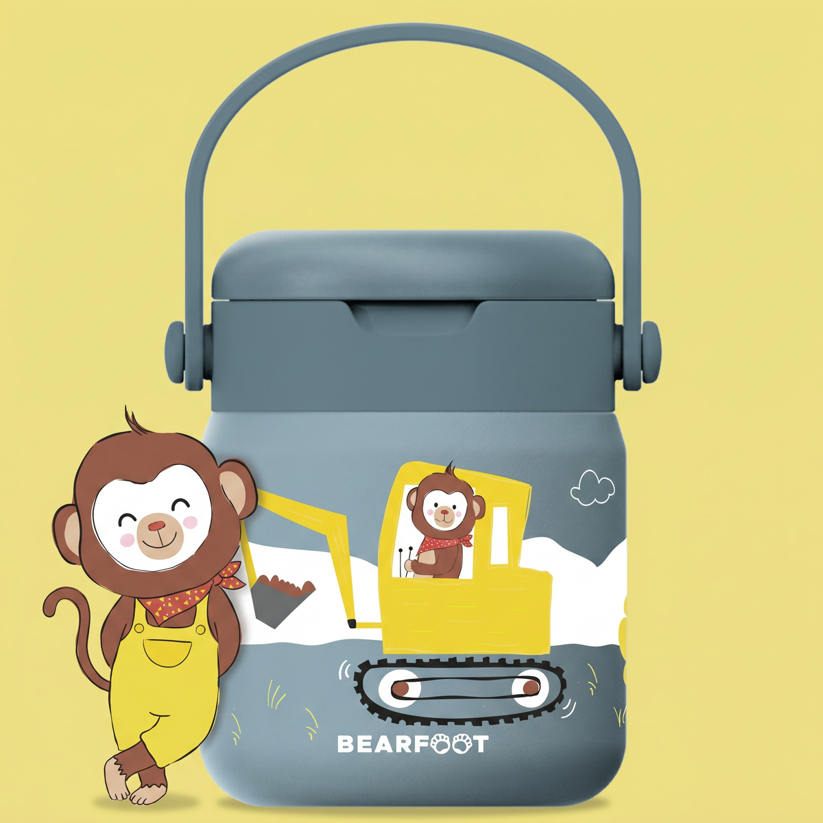 Bearfoot | Mattermos i Rustfritt Stål, 500 ml | Blå, Apekatt i Gravemaskin