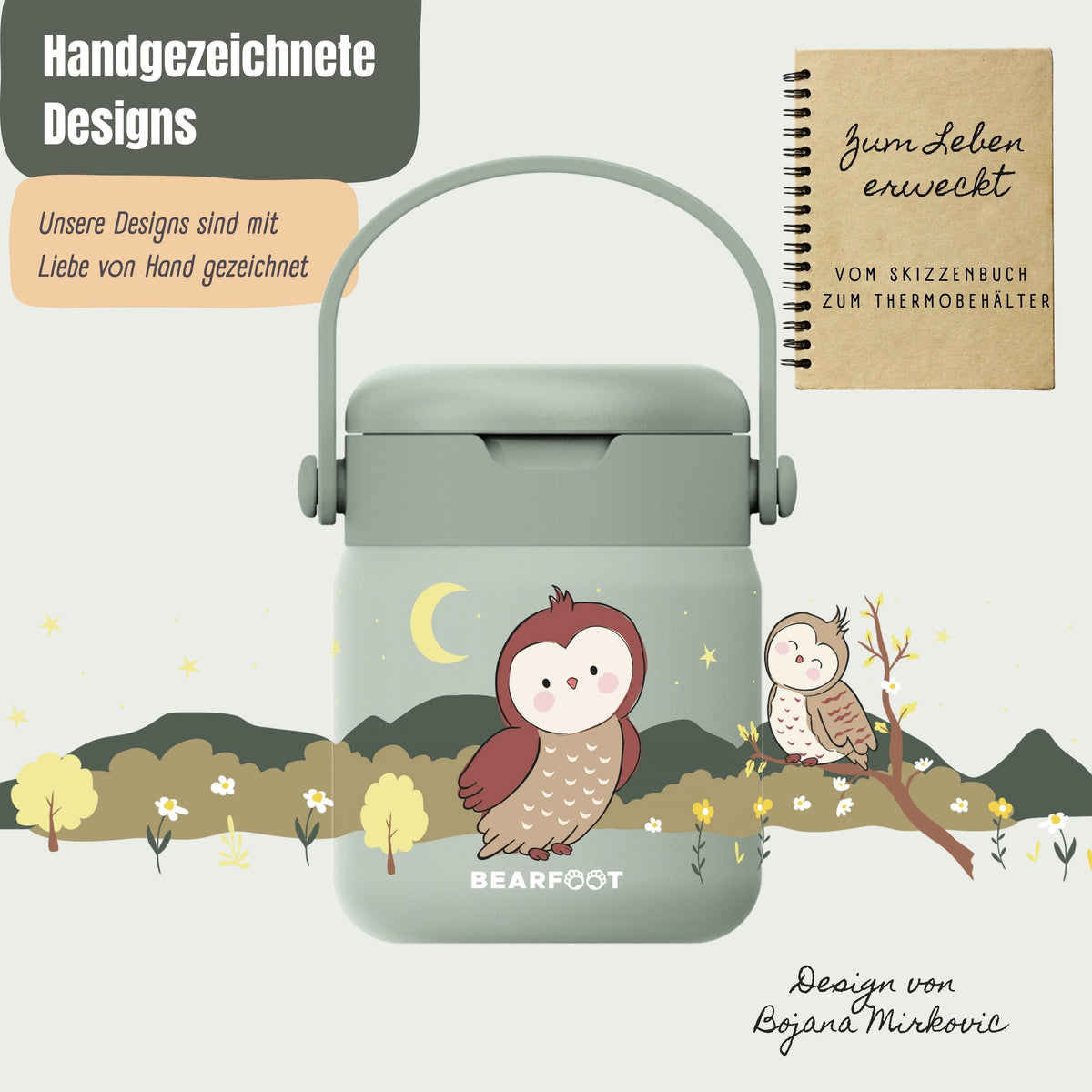 Bearfoot | Mattermos i Rustfritt Stål, 500 ml | Grønn, Ugle