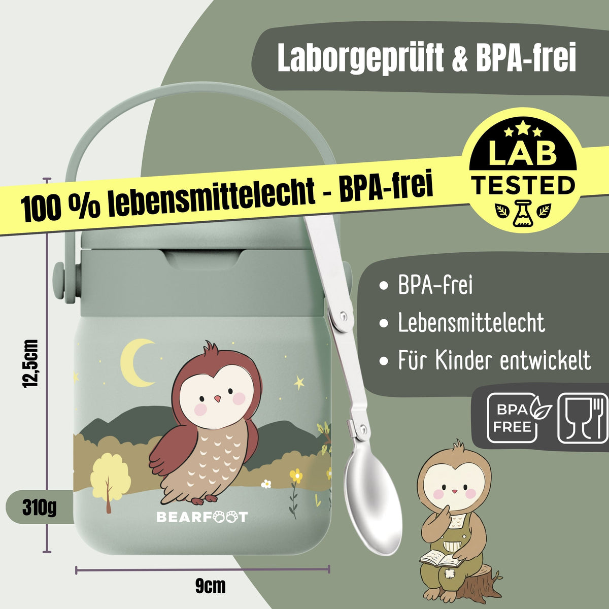 Bearfoot | Mattermos i Rustfritt Stål, 500 ml | Grønn, Ugle